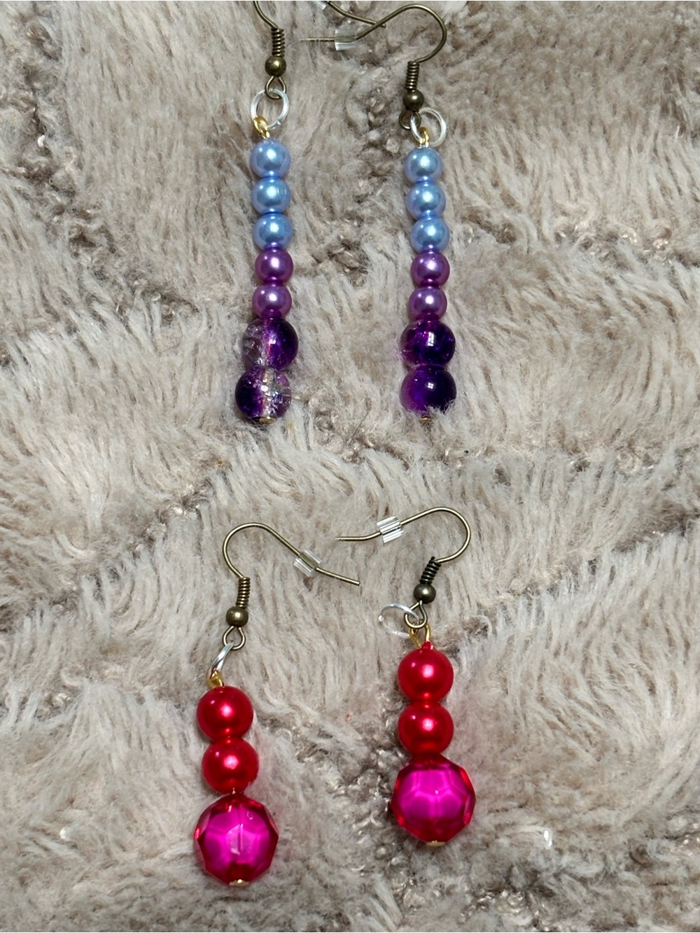 Handmade Beaded Drop Earrings - Purple/Blue & Red/Pink Pair